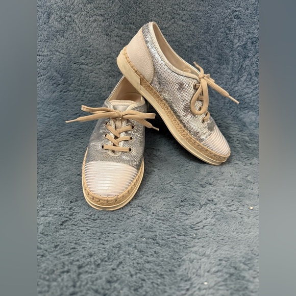 TOD'S Silver Sequin Espadrille Lace-Up Sneakers Sz 36.5/6 Quiet Luxury Designer - Picture 9 of 11